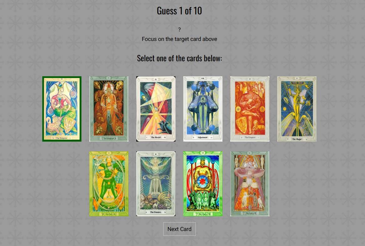 A Series of Tarot Trump cards arranged for an online psi ability test