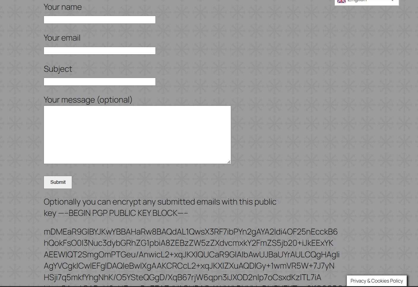There is a contact form with a PGP key below it